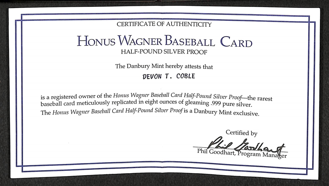 Honus Wagner Fine Silver  - 8 ounces of .999 Silver Bar Baseball Card - Danbury Mint